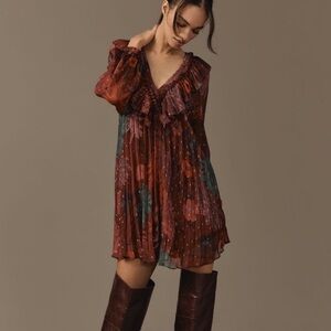 Anthropologie Red maroon wine pleated tent dress long Blouse sparkle ruffle XL